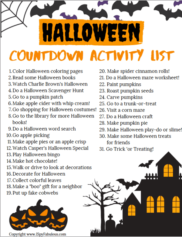 Halloween Things To Do
 Halloween Bucket List 31 Days of Halloween Activities for Kids – Free