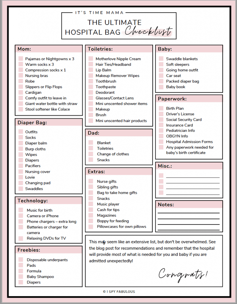Hospital Bag Checklist Printable