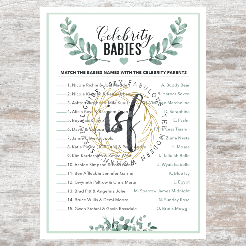 7 Matching Printable Baby Shower Games In A Gender Neutral Greenery Theme I Spy Fabulous