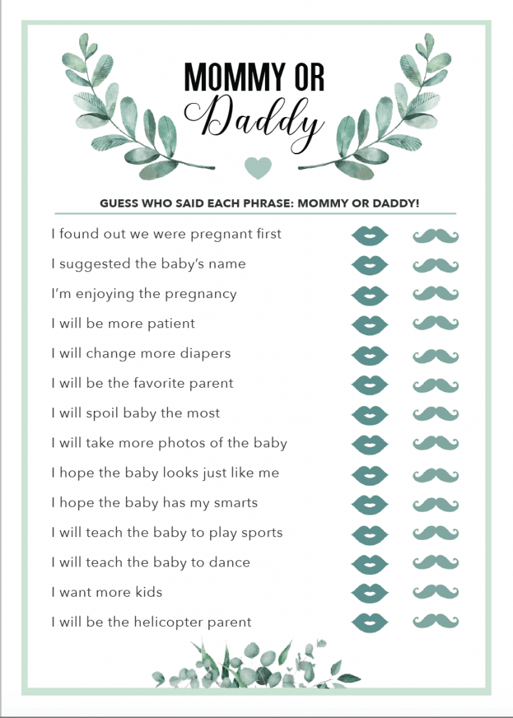 Mommy Or Daddy Baby Shower Game Free Printable