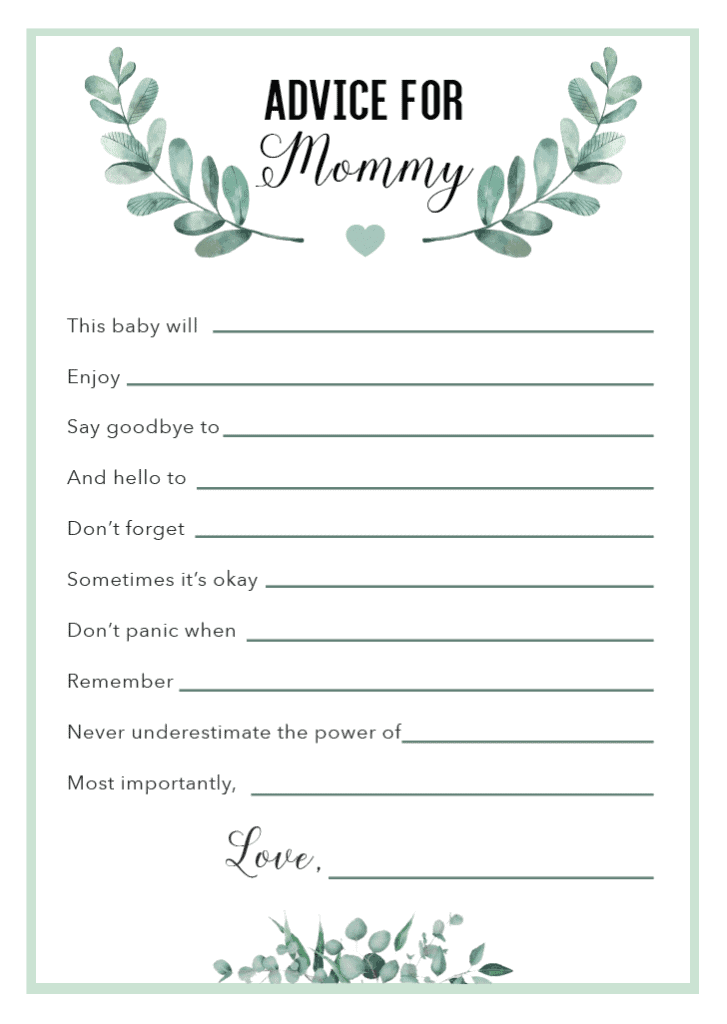 New Mommy Advice Cards Printable Free