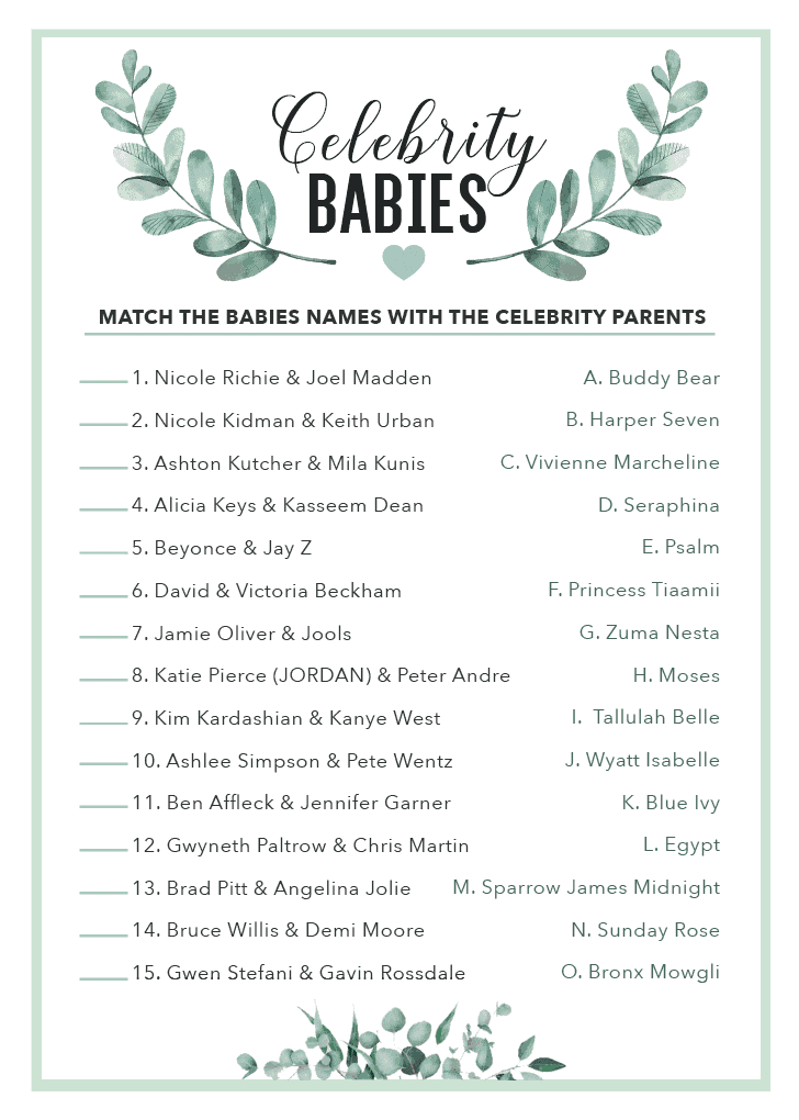 celebrity baby name baby shower game