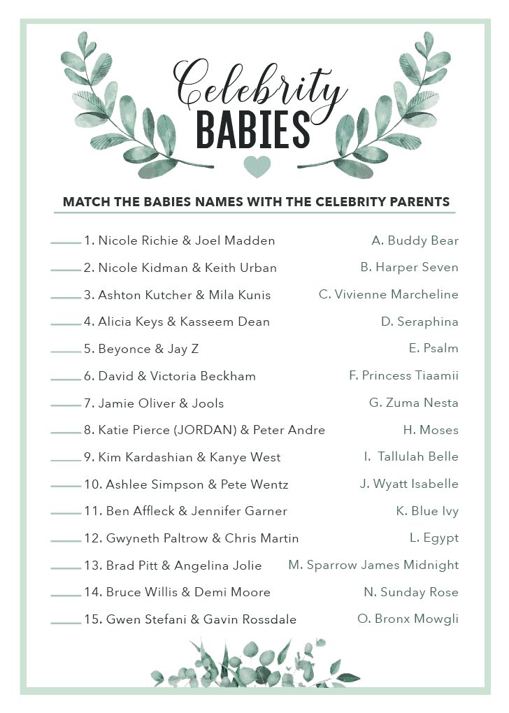 Celebrity Baby Names - Mommy To BEE Printable Baby Games