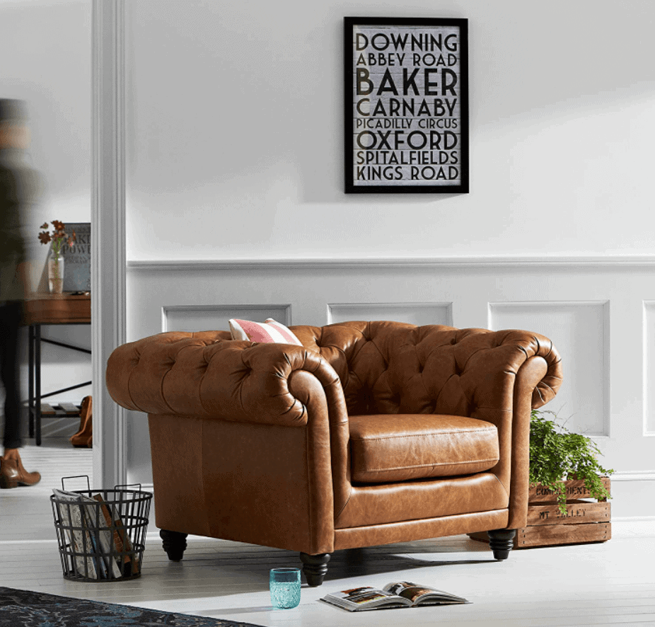 pottery barn chesterfield leather chair dupe